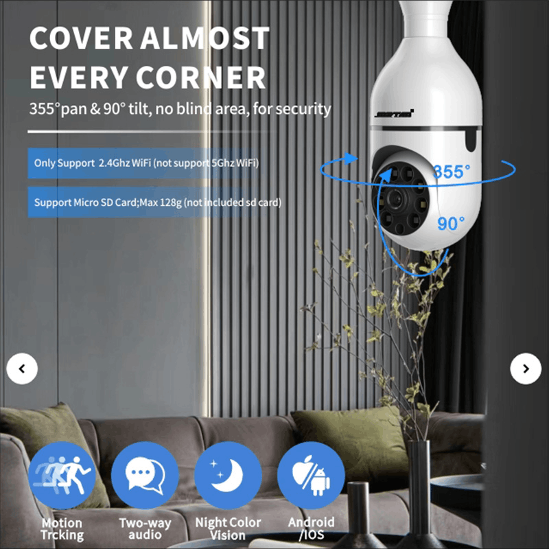 Ptz Wifi 360-Degree Coverage E27 Lamp Light Bulb Camera