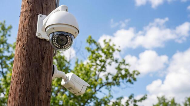 security camera against a blue sky